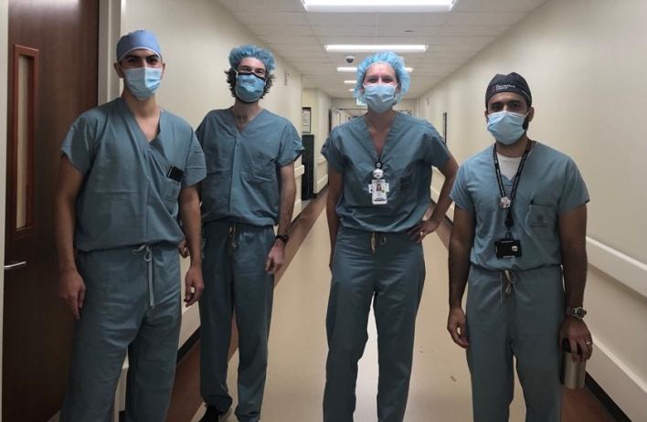 Current R3s Diego C., Stephen L., and Ashley E. during their R2 rotation on Ben Taub IR with recently graduated Iftikhar Burney as their R4 senior.