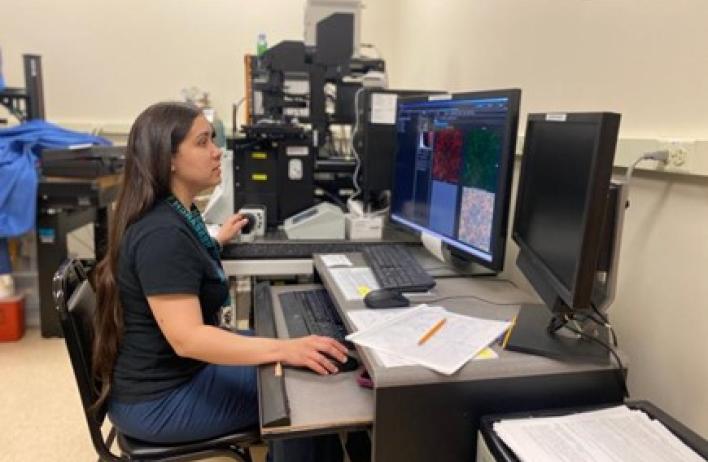 Former CTRID T32 trainee, Dr. Marina Martinez-Vargas, utilizing microscopic imaging software at CTRID.