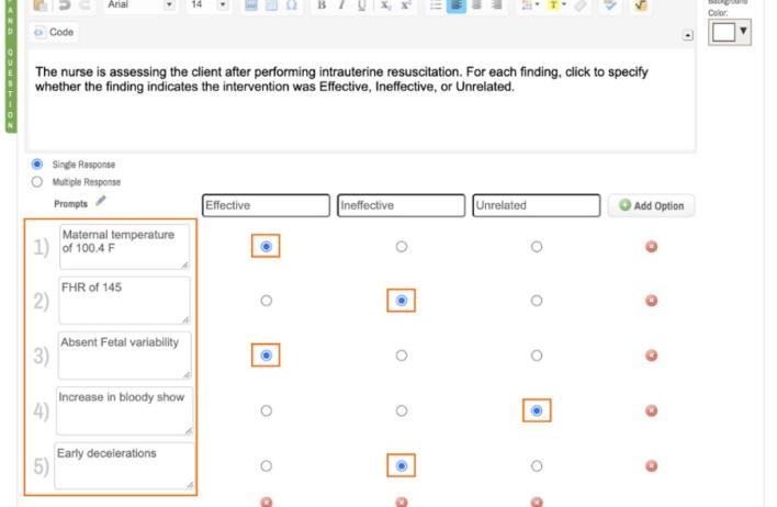 The Matrix/Grid format includes two types of items; single response, and multiple response.   The single response answer options are presented in a table format and each row has a single correct answer.   The multiple response format allows each column in the table to be an independent answer where the user can select one, many, or all the available answers. 