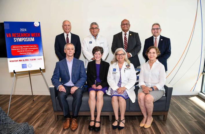 Speakers at the 2024 Research Week Symposium, an event highlighting the importance of VA-BCM research partnerships. Top row from left to right: Dr. Mark Kobelja, Dr. Paul Klotman, Mr. Francisco Vazquez, and Dr. Rolando Rumbaut (CTRID Director). Bottom row from left to right: Drs. Drew Helmer, Carolyn Clancy, Laura Petersen, and Farrah Kheradmand. (Speakers not pictured: Dr. Barbara Trautner and Dr. Hashem El-Serag)