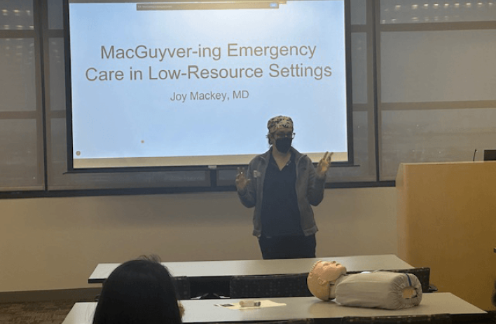 Dr. Joy Mackey, assistant professor of emergency medicine, prepares to give a lecture