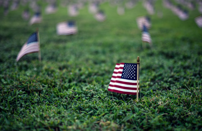 A view of a few small American flags planted in green grass.