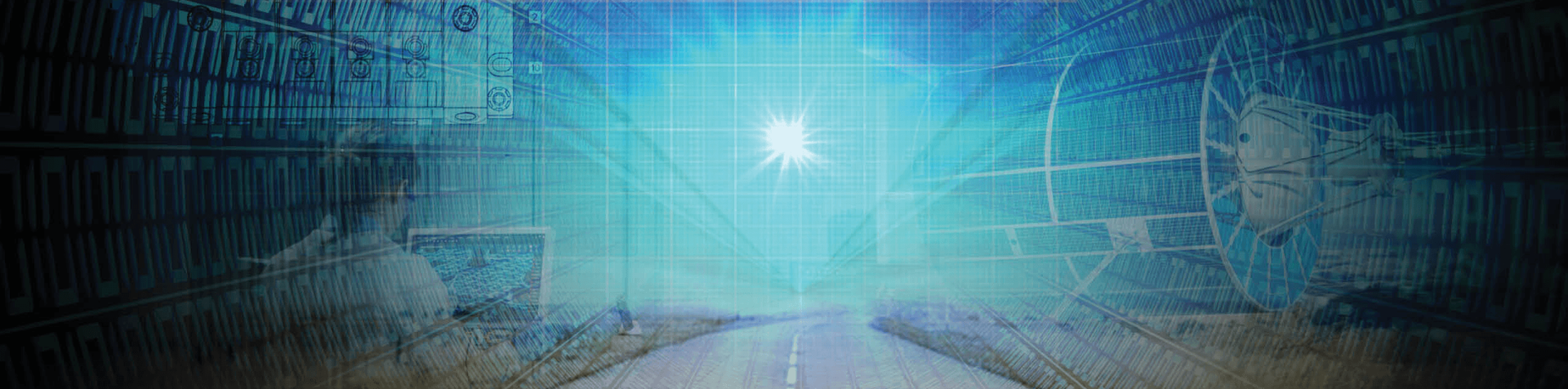 Graphic composition of a road, a scientist and satellite dish 