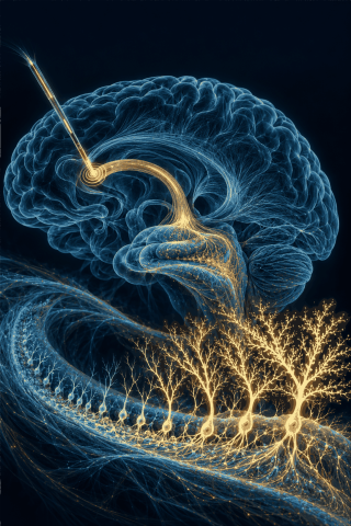 Artist drawing of the outline of a brain with an electrode representing DBS and it's affect on the brain