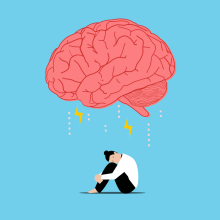 Drawing of a brain hovering over a person hugging their knees to symbolize stress and its physical effects