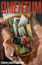 An acrylic-on-canvas piece showing a medicine bottle filled with miniature healthcare tools held in a hand.