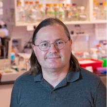 man with glasses on and a dark gray polo smiling lightly