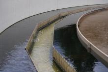 Photo of a wastewater treatment center, showing different shades of water