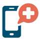 Icon of a smartphone with a red speech bubble containing a white medical cross, symbolizing enhanced clinic access or telehealth services.