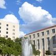Cullen Building and fountain with the Michael E. DeBakey Center and Alkek Building in the background.