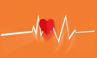 Red heart on orange background with white heart beat graph lines. 