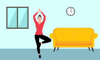 Ilustration of a woman exercising in her living room. 