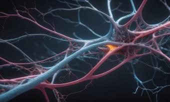 Artists rendition of a neurons in red and blue indicating the introduction of a therapeutic to the brain. 