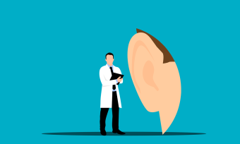 Drawing of a doctor standing next to a huge hear to represent hearing health