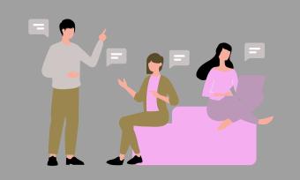 Drawing of three people sitting near eachother with speech bubbles showing just lines to represent conversations.