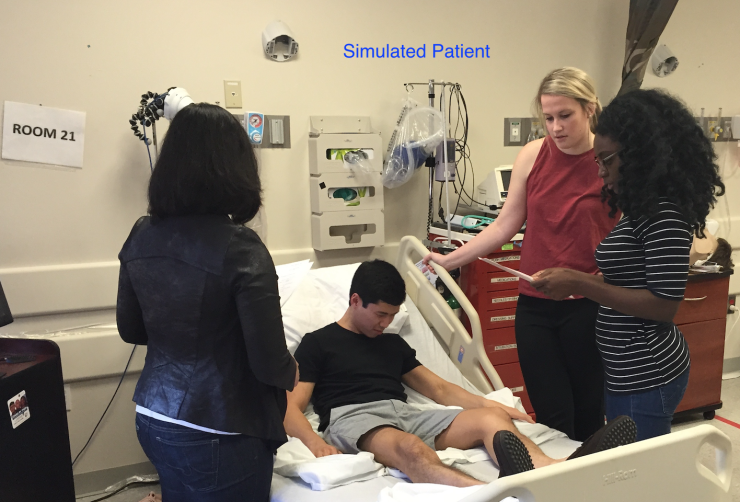 Internal Medicine residents participating in a simulation exercise at the bedside.