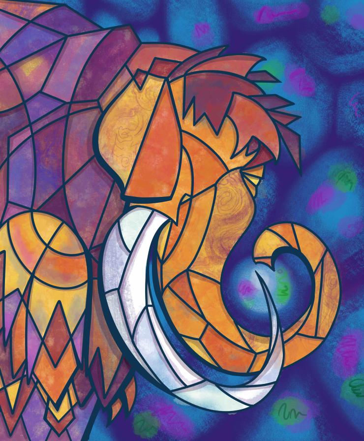 Drawing of a woolly mammoth in a stained glass pattern. Our study proposes that dehydrated chromatin can undergo a glass transition, arresting molecular movement of DNA fragments. The resulting ‘chromoglass’ is a durable material in which DNA’s ancient conformation can be preserved for millennia. We show that examining chromoglass from a 52,000 year-old woolly mammoth enables genome assembly and transcriptomic analysis of extinct species.