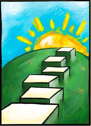 drawing of the sun with stone steps on a green grass