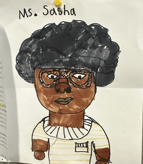 a child's drawing of a woman with the name "Ms. Sasha" written on top