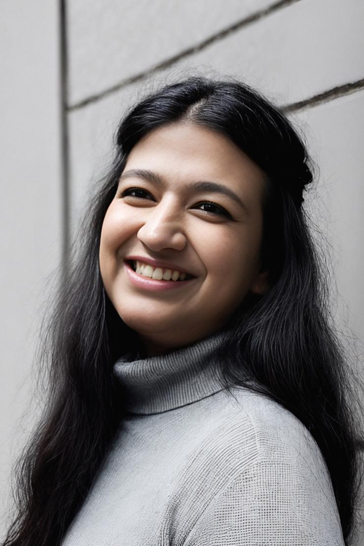 Woman smiling in front of grey background