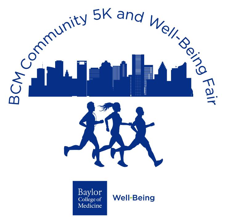 The words "BCM Community 5K and Well-Being Fair" in an arch above the Houston skyline and blue silhouetted figures running.