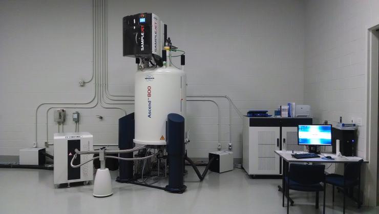 The Avance III HD 800 MHz spectrometer operates three RF channels plus deuterium using a quadruple resonance inverse detection QCI CryoProbeTM.