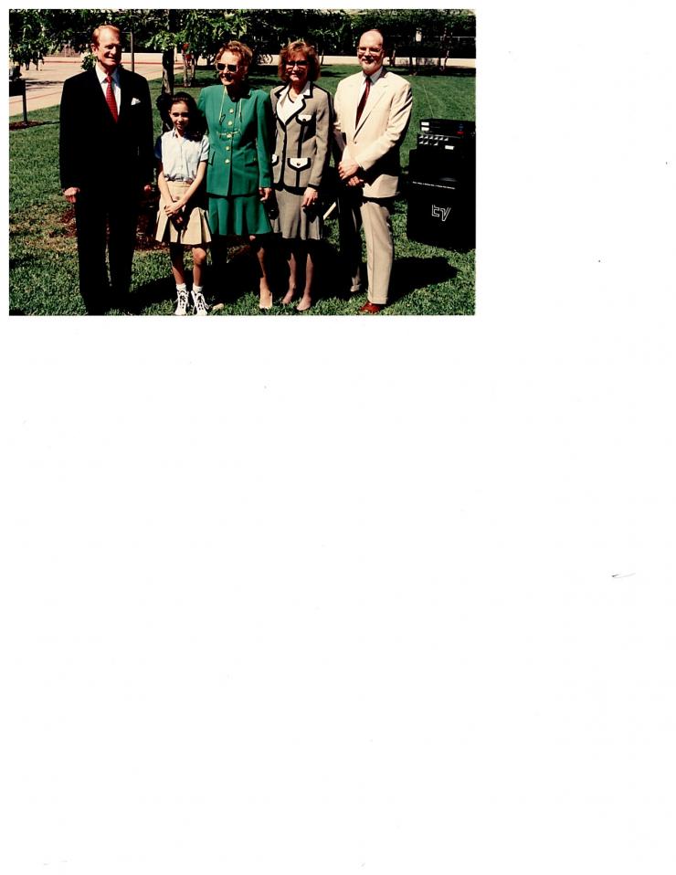 From left to right: Mr. Roy M. Huffington, Brooke Fatigante (the Huffington's grand-niece), Phyllis Gough Huffington, Terry Huffington and husband Dr. Ralph Dittman (BCM class of 1973).