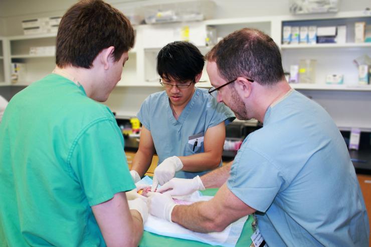 Faculty members guide residents through a simulation exercise.