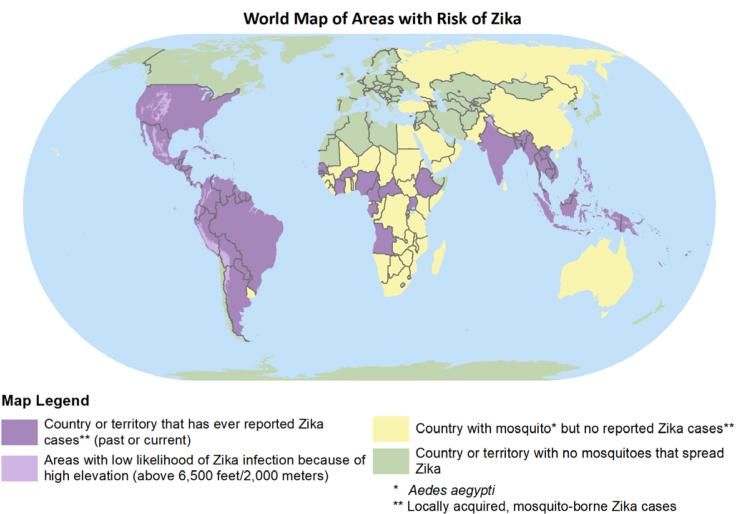 Map showing countries with Zika cases and mosquitoes