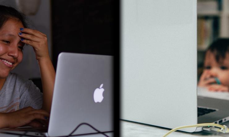 A composite image of a child and adult talking via laptop webcam.