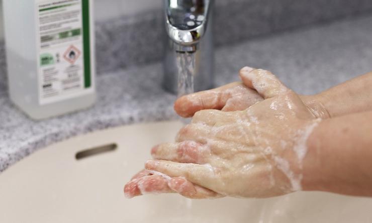A person washing their hands with soap.