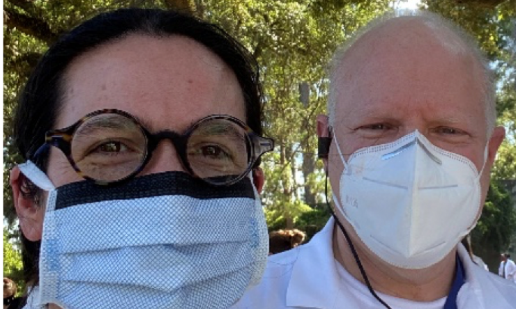 Dr. Jennifer Taylor and Dr. Michael Coburn, Department Chair, at the White Coats for Black Lives demonstration Spring 2020.