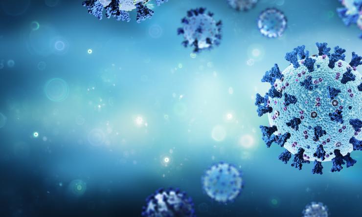 Coronavirus Structure With Complete Surface Protein Representations In blue Background 