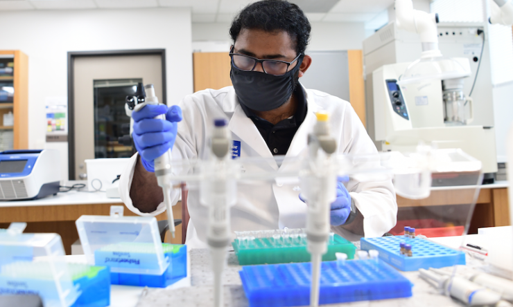 A researcher wearing a face mask works in a lab.