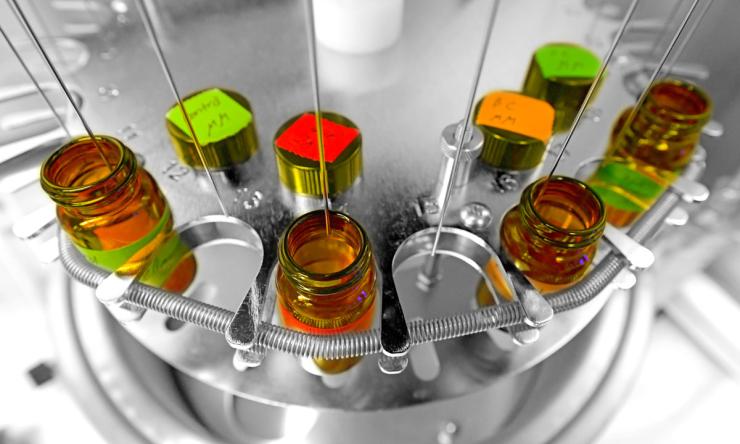 Amber vials on a rack