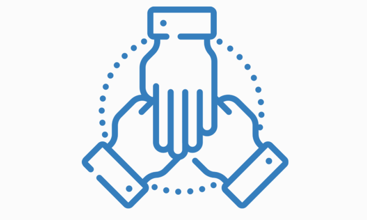 Illustration of three hands overlapping to demonstrate a team.
