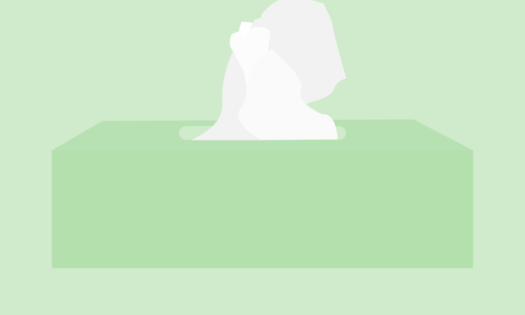 Artists drawing of a green tissue box on a lighter green background with white tissue sticking out.