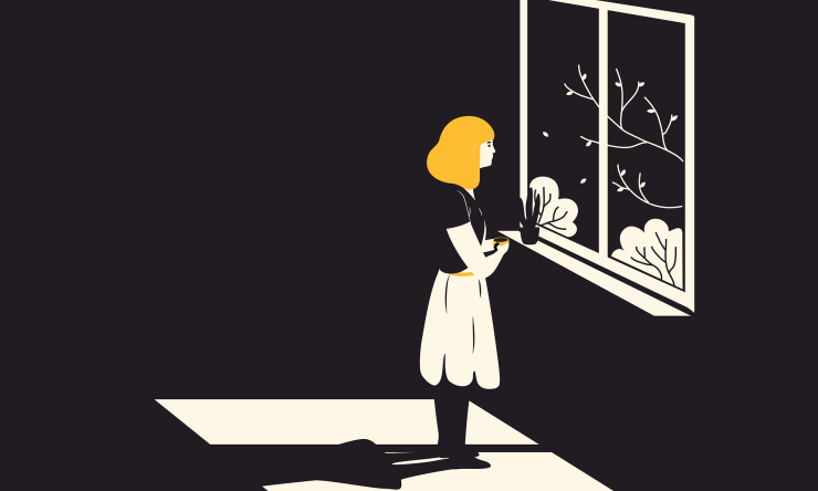 Drawing of a woman standing alone looking out a window