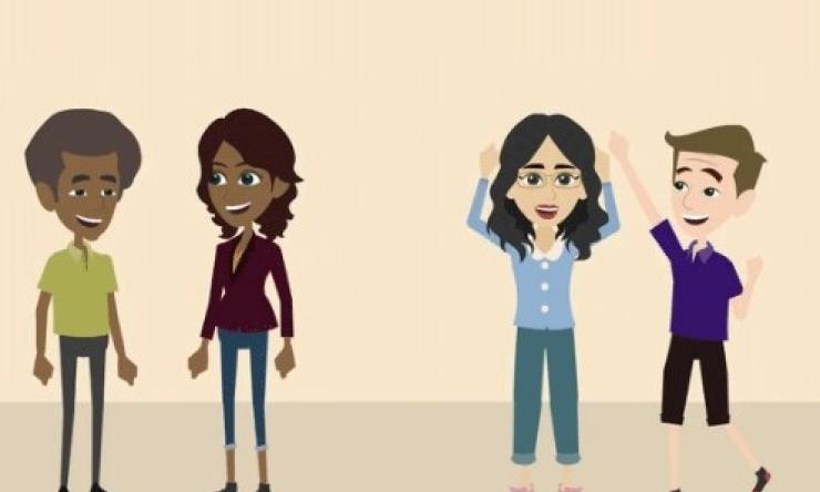 An animated pair of couples with excited expressions