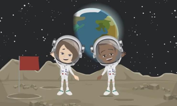 An animated pair of children seen in space suits on the surface of the moon with the Earth in the background.