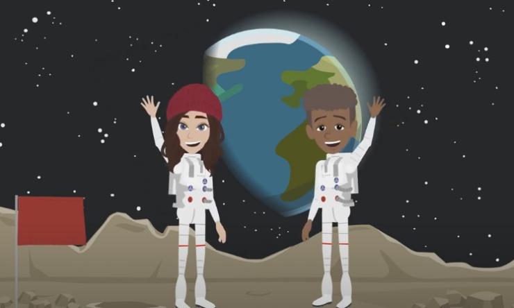 An animated pair of teens seen in space suits on the surface of the moon with the Earth in the background.