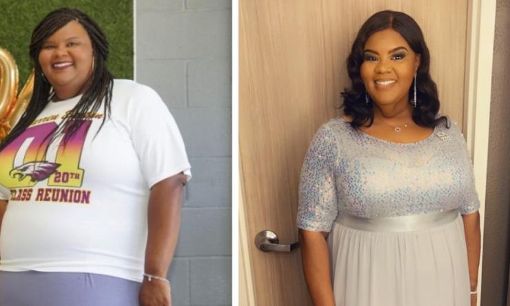 Before and after of Jamise's weight loss.