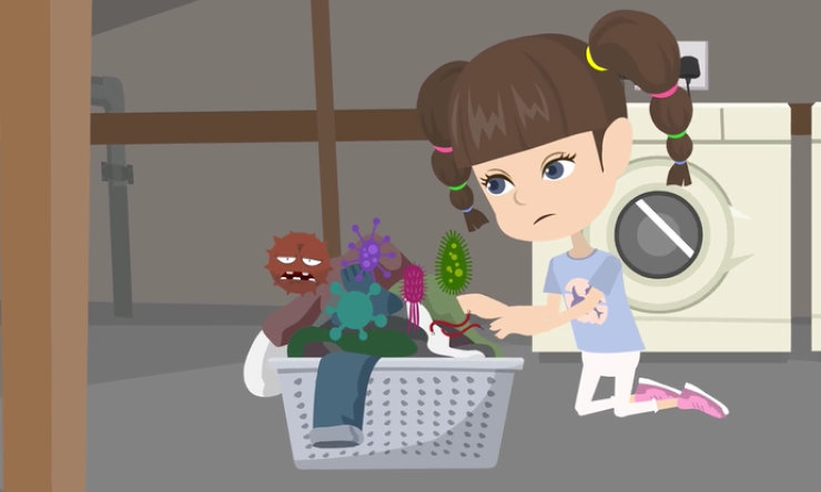 Sally dealing with germ-covered laundry