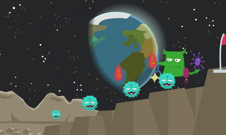 An illustrated astronaut on the moon with alien creatures around her.