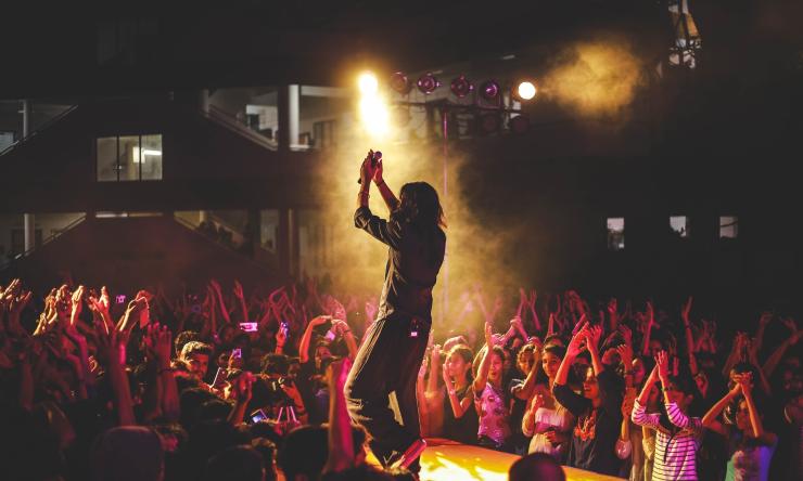 A female singer on a stage surrounded by fans.