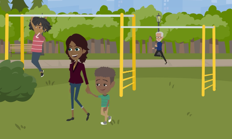 Neil and his mother walking through a park