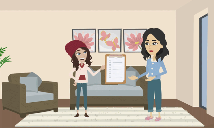 Teen Sally showing her mother notes she has taken