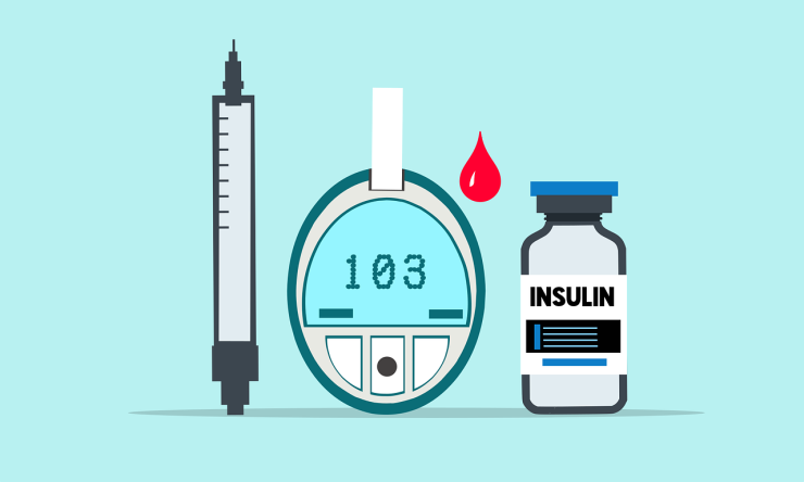 Drawing of diabetes related items including insulin and glucose tester kit.
