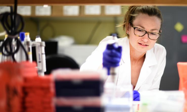 A person in a lab reaching across a desk while handling a sample.