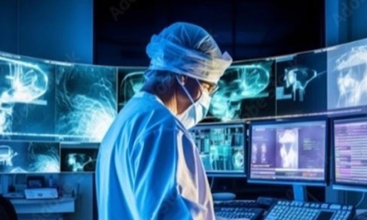 Doctor looking at a series of screens